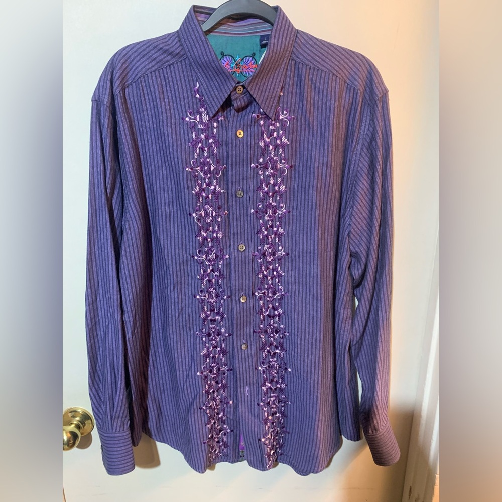 Robert Graham Purple Striped Embroidered LS Shirt Size Large